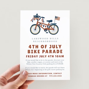 Invitation à la parade de vélo du 4 juillet, flyer de parade de vélo pour enfants du quartier de la fête de l'indépendance, invitation de parade de décoration de vélo patriotique modifiable