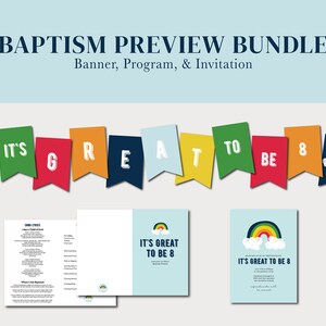 Pode incluir: Uma pré-visualização de um pacote de batismo com uma faixa, um programa e um convite. A faixa apresenta um arco-íris e o texto "It's Great to Be 8". O programa e o convite também apresentam um arco-íris e o texto "It's Great to Be 8".