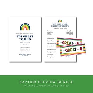 Puede incluir: Un paquete de vista previa del bautismo con una invitación, un programa y etiquetas de regalo. La invitación y el programa tienen un gráfico de arcoíris y el texto "IT'S GREAT TO BE 8". Las etiquetas de regalo también tienen el texto "IT'S GREAT to be 8".