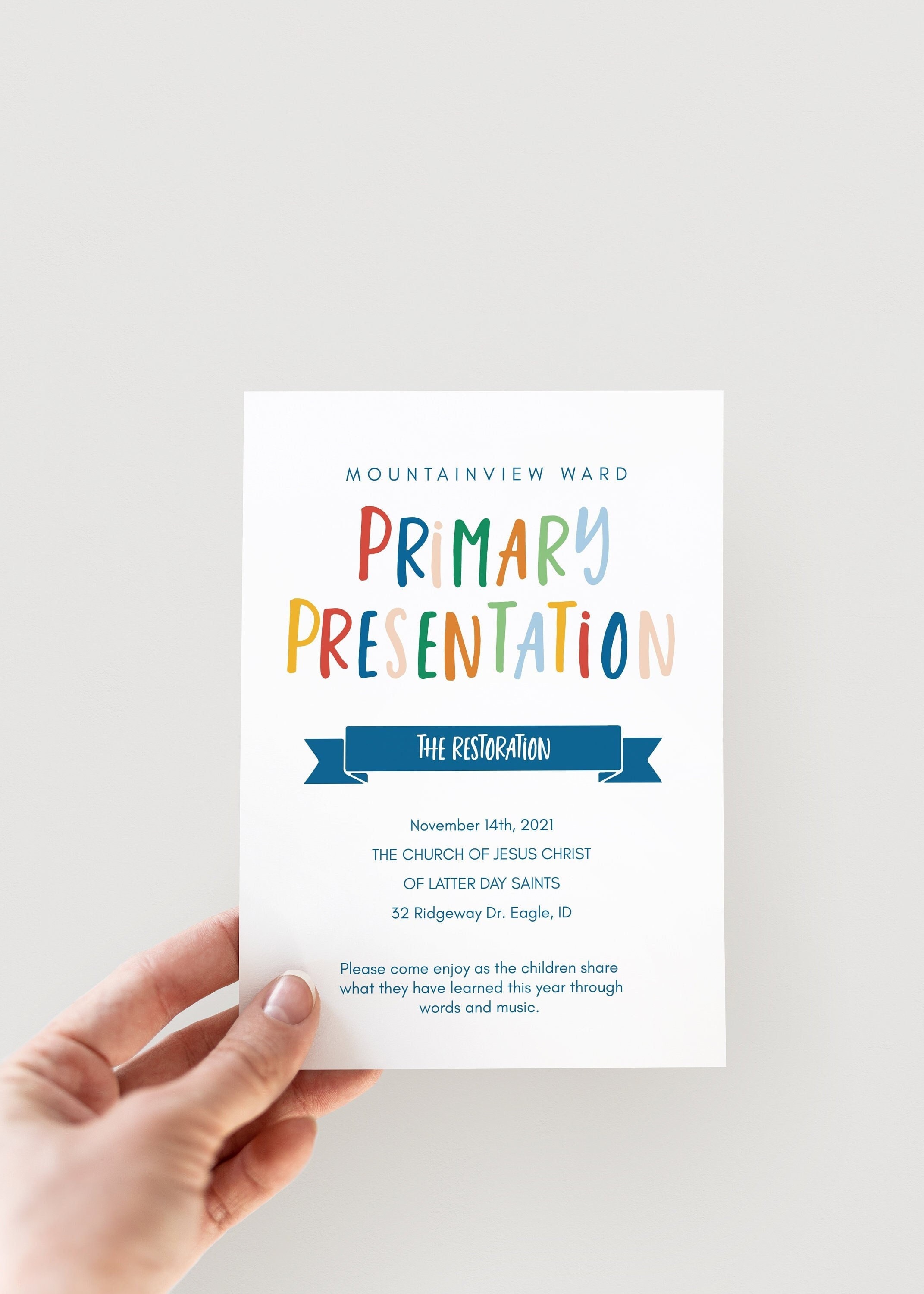 Primary Program Invitation | LDS Primary Presentation  | Editable Template: 5X7 Instant Download