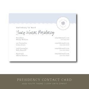 Tarjeta de información de contacto de la presidencia de las Mujeres Jóvenes SUD de 2025, tarjeta imprimible de las Mujeres Jóvenes SUD, tarjeta imprimible de contacto de las líderes de las Mujeres Jóvenes