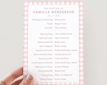 Pink Gingham LDS Baptism Program Template | Girl LDS Baptism Program | Pink Baptism Program