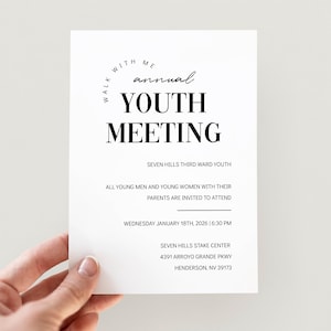 Puede incluir: Una tarjeta de invitación blanca con texto negro que anuncia una reunión anual de jóvenes. El texto incluye las palabras "Walk with me", "Youth Meeting" y detalles sobre el evento, incluyendo la fecha, hora y lugar en Henderson, NV.