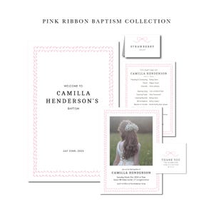 May include: Pink and white baptism invitation with a pink ribbon design. The invitation includes the text "Welcome to Camilla Henderson's Baptism" and the date "July 22nd, 2025".