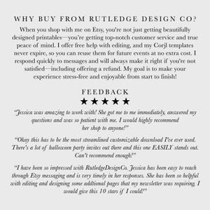May include: Text-based graphic with the title "WHY BUY FROM RUTLEDGE DESIGN CO?" and customer feedback. The text describes the benefits of purchasing printables, including customer service, free editing, and reusable templates.