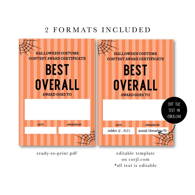 Editable Halloween Costume Contest Voting Cards and Award Certificate ...