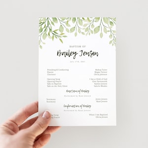 Greenery LDS Baptism Program Template, Gender Neutral LDS Baptism Program instant download, editable customizable program printable