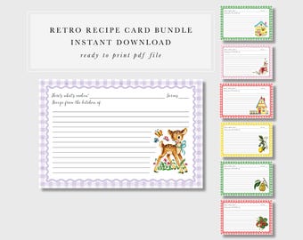Tarjetas de recetas vintage retro imprimibles de 4x6 en PDF. Plantilla de recetas DIY para decoración de cocina retro. Descarga instantánea. Tarjetas de recetas de estilo antiguo.