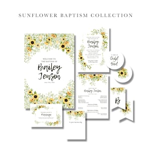 Kit de bautismo SUD para niña, paquete de bautismo con girasoles en acuarela, imprimibles primarios editables para niña de 8 años, conjunto de plantillas de bautismo para descargar