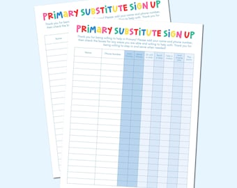 NEW LDS Primary Substitute Sign Up Sheet, sub primary teacher sign up sheet, primary presidency printable, editable sign up sheet subs