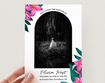 Invitación imprimible para bautismo de niña con flores tropicales hawaianas, plantilla editable