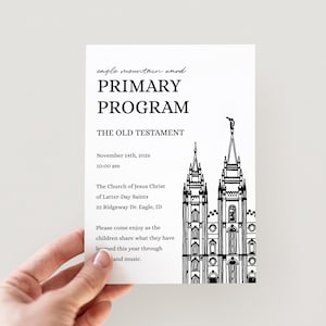 May include: A white invitation card with black text and a detailed illustration of a church. The card reads "Primary Program" and "The Old Testament." The date is November 14th, 2026, at 10:00 am.