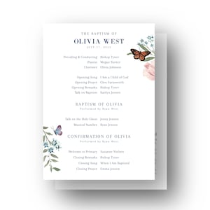 Peut inclure: Un programme bleu clair et blanc pour une cérémonie de baptême et de confirmation pour Olivia West. Le programme comprend la date de la cérémonie, le 17 juillet 2022, et les noms des officiants et des participants.