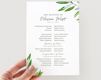 Modèle de programme de baptême LDS de verdure, téléchargement modifiable du programme de baptême LDS neutre en matière de genre, programme de verdure imprimable, baptême de fille