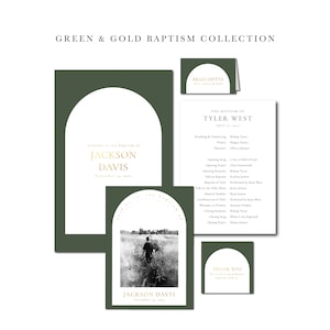 May include: Green and gold baptism invitation set with a white arch design and a photo of a child walking in a field. The text on the invitation reads "Welcome to the baptism of Jackson Davis, November 14, 2017".