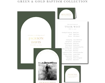 May include: Green and gold baptism invitation set with a white arch design and a photo of a child walking in a field. The text on the invitation reads "Welcome to the baptism of Jackson Davis, November 14, 2017".