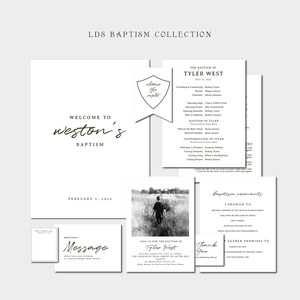 May include: A set of LDS baptism stationery, featuring invitations, programs, and thank you cards. The designs are minimalist with elegant typography and a monochrome colour scheme. The text includes the words "Welcome", "Baptism", and "Choose the Right".