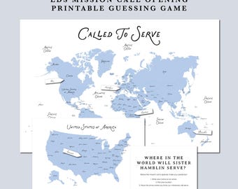 Printable Mission Call Opening Guessing Game | World and USA Map for LDS Mission Call Opening Party | LDS Mission Call Opening Activity