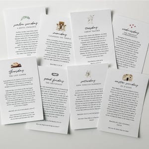 May include: A set of 10 cards with watercolor illustrations depicting scenes from the Passion of Christ. Each card features a different day of Holy Week, with a title, scripture reference, and a short description of the event. The cards are printed on white cardstock with a subtle texture.