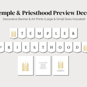 May include: A printable banner and art prints featuring a gold glitter temple design. The banner reads "Temple & Priesthood" and the art prints have the text "I love to go to the Temple" and "Stand in holy places".