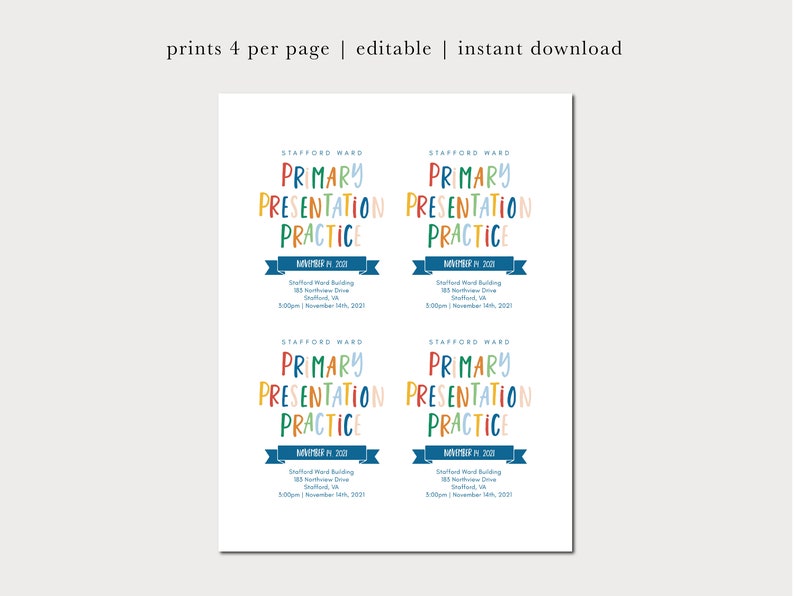 Puede incluir: Cuatro tarjetas imprimibles para un evento de pr&aacute;ctica de presentaci&oacute;n primaria. Las tarjetas son azules, blancas y presentan un texto colorido que dice "Stafford Ward Primary Presentation Practice" con la fecha y la hora del evento.