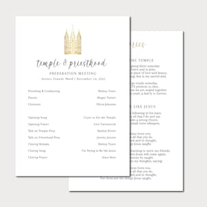 Può includere: Un documento stampabile con un'illustrazione di un tempio dorato e il testo "tempio e sacerdozio riunione di preparazione" con la data "14 novembre 2021". Il documento elenca i ruoli e i nomi delle persone che partecipano alla riunione.