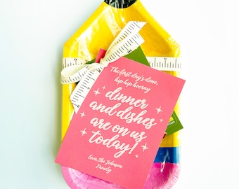 First day of school teacher gift tag restaurant, back to school teacher gift dinner and dishes, dinner is on us gift tag, printable