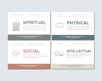LDS Four Areas of Grown Printable | Children and Youth Program | Spiritual, Social, Intellectual, Physical Cards Lesson Handout | Primary