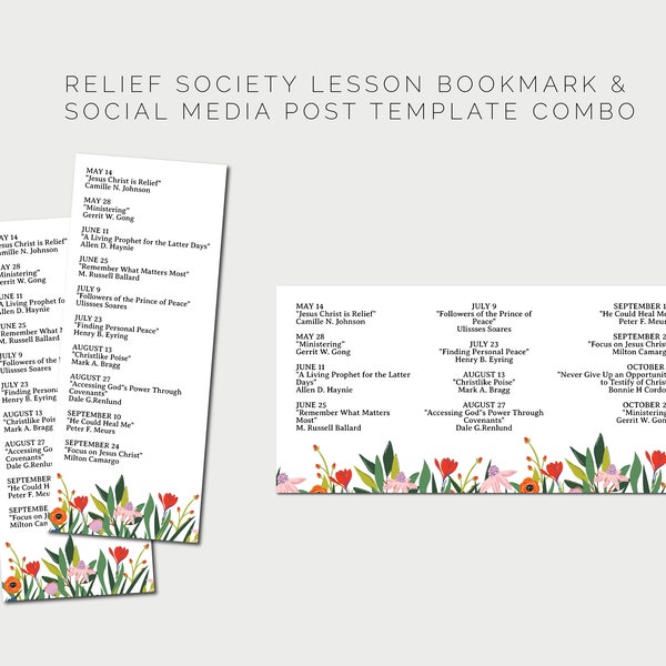 Relief Society Lesson Printable Bookmark | LDS Relief Society Lesson Schedule Handout | Relief Society Sunday Lessons