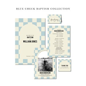May include: Baptism stationery set featuring a blue and cream checkered design. The collection includes an invitation, program, thank you card, and a business card. The invitation reads "Welcome to the Baptism of William Jones".