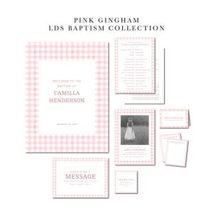 May include: A Pink Gingham LDS Baptism Collection set featuring a welcome sign, programme, photo card, message card, food label, and thank you note. Each item displays pink gingham borders, white backgrounds, and black text detailing event information.