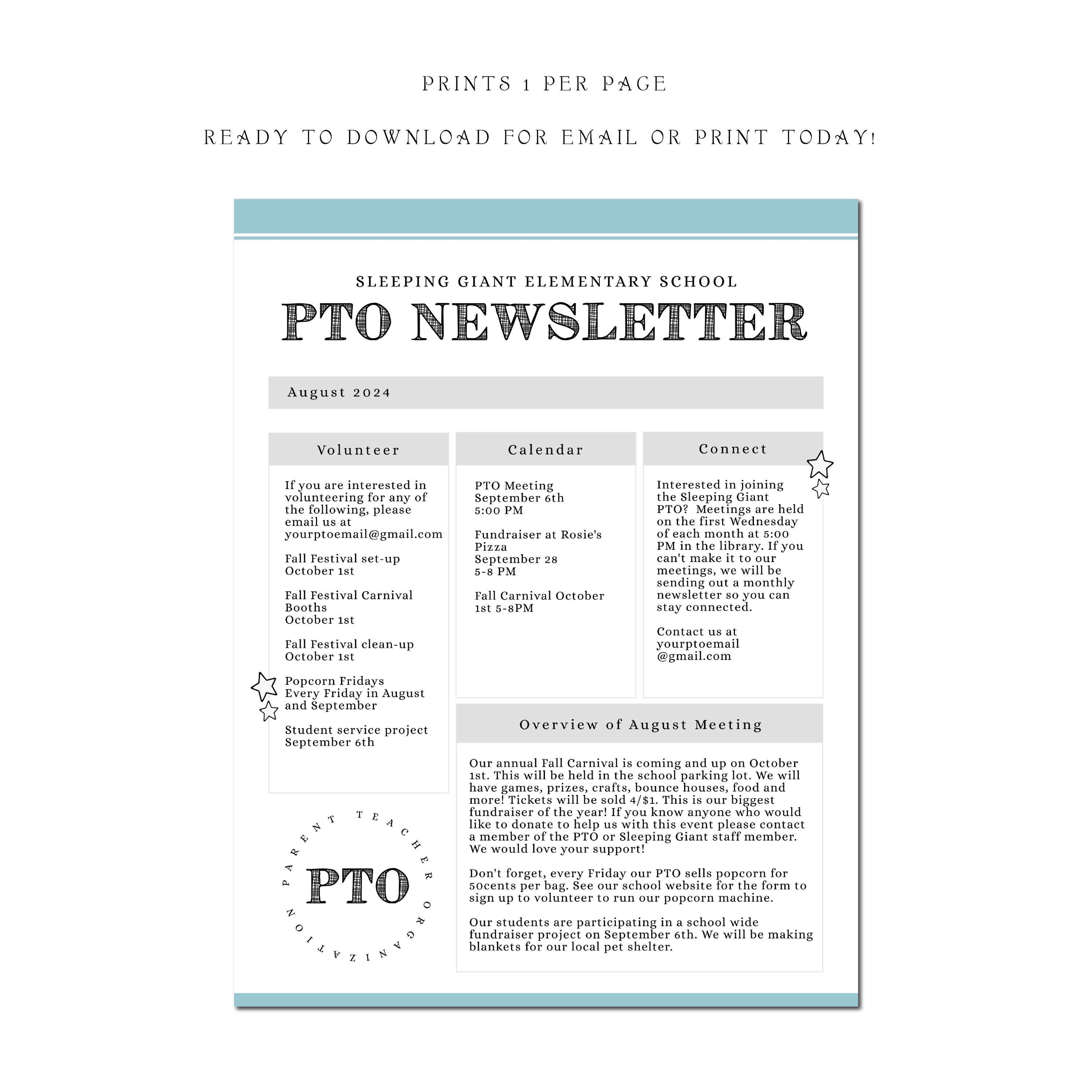 Pto Newsletter Examples PTO Newsletter Editable Template | PTO Newsletter Printable | School ...
