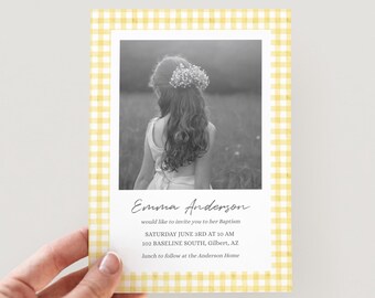 Butter Yellow Gingham Girl LDS Baptism Announcement Template |  Instant Download | Printable Baptism Invite | Yellow LDS Baptism Invitation