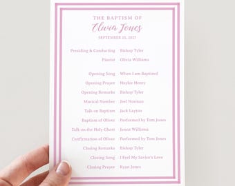 Editable LDS Girl Baptism Program Template, Pink Design (5x7 Digital Download)