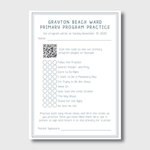 Hoja de práctica del programa de la Primaria SUD, Registro de práctica de canciones de la Primaria, Programa de la Primaria para practicar en casa, Plantilla editable de lista de canciones de la Primaria