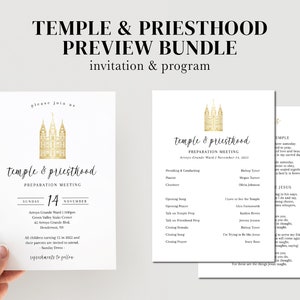 Pode incluir: Um convite e um programa imprimíveis para uma reunião de preparação para o templo e o sacerdócio. O convite apresenta uma silhueta de templo dourada e o texto "Templo e Sacerdócio Reunião de Preparação" com a data e o local. O programa lista a ordem dos eventos da reunião.
