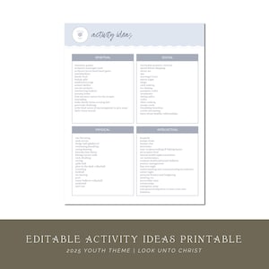 Young Women Activity Ideas Printable | LDS | Editable PDF | Ideas for Social Physical Intellectual and Spiritual youth Activities
