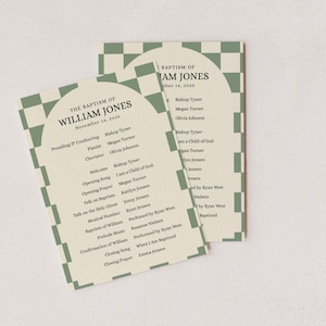 May include: Two baptism announcement cards with a green and white checkered border. The text on the cards reads "The Baptism of William Jones" and "The Baptism of Jam Jones" with the date November 14, 2025. The cards list the order of service.