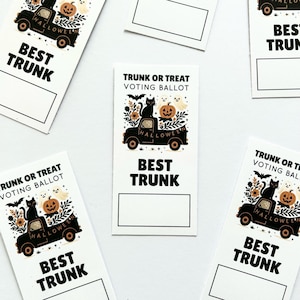 May include: White rectangular cards with a Halloween theme. Each card features a black truck carrying a black cat, pumpkin, and ghost. The text "TRUNK OR TREAT VOTING BALLOT" and "BEST TRUNK" are printed on the cards.