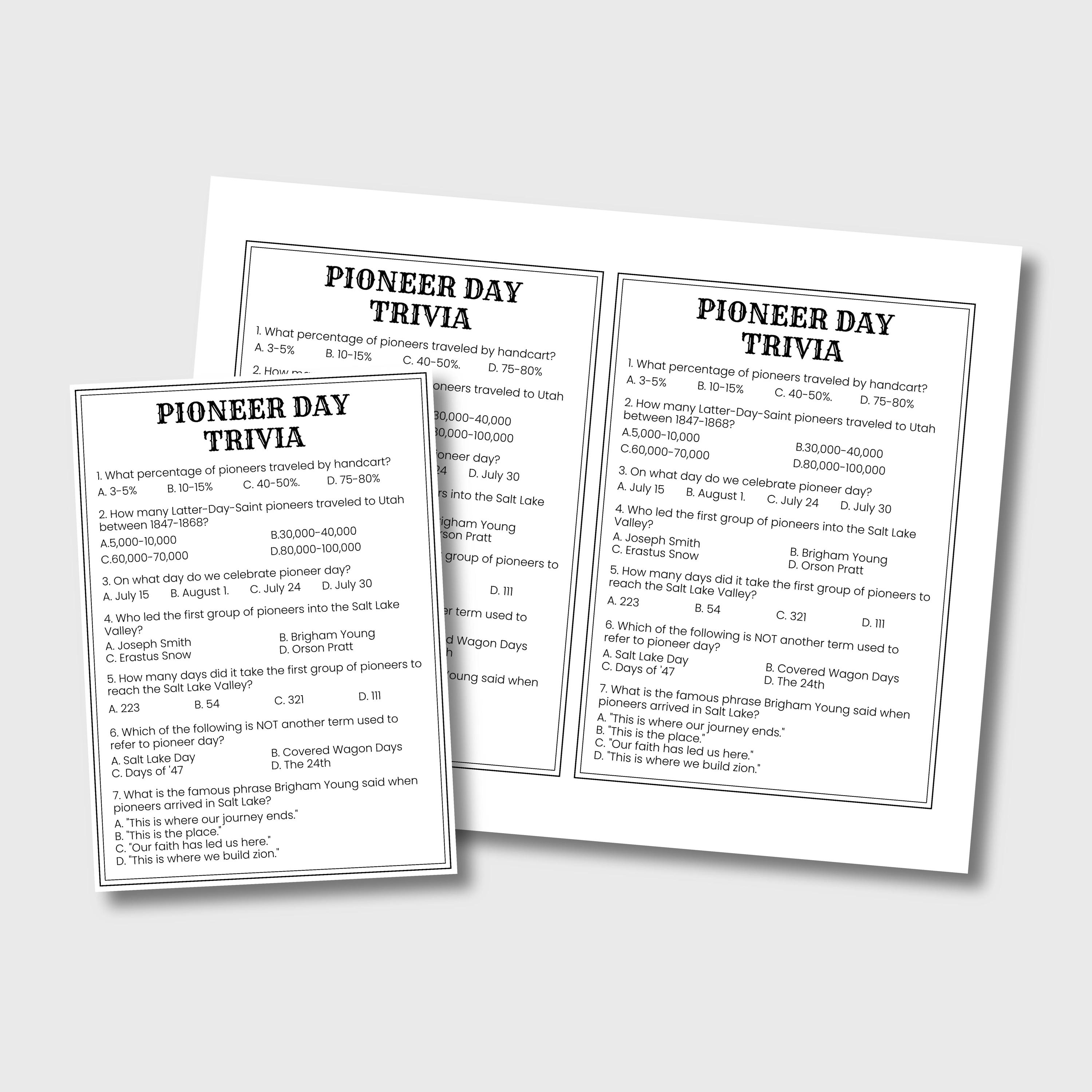 Pioneer Day Trivia Game, LDS Editable Pioneer Day Quiz Game, Printable Pioneer Day Activity, Pioneer Day Family Activity Game, July 24th