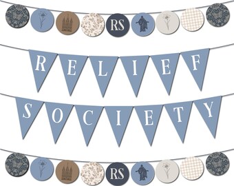 Printable Relief Society Banner Bulletin Board Decor | LDS Church Relief Society Room Decor Blue Banner Flags | Printable PDF