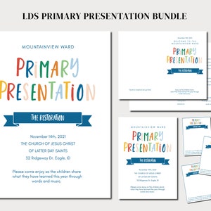 Peut inclure: Un ensemble de présentation primaire imprimable pour l'Église de Jésus-Christ des Saints des Derniers Jours. L'ensemble comprend une pancarte de bienvenue, un programme et des cartes de bienvenue. La pancarte de bienvenue présente le texte "Présentation primaire" en lettres colorées et un ruban bleu avec le texte "La restauration".