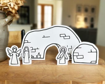 Actividad para recortar y colorear para niños en el Belén de Pascua: Escena de papel con un diorama de la Resurrección (PDF imprimible)