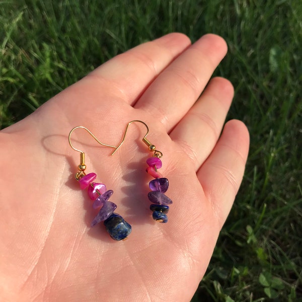 PRIDE Pink Purple Blue Gradient Crystal Chip Tower Drop Earrings Bisexual Bi LGBTQ Natural Stone Beads LGBTQplus