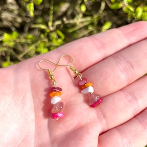 PRIDE Orange and Pink Gradient Crystal Chip Tower Drop Earrings Lesbian Wlw LGBTQ Natural Stone Beads LGBTQplus