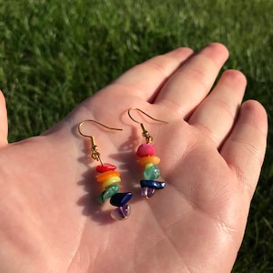 PRIDE Rainbow Crystal Chip Tower Drop Earrings Gay LGBTQ Natural Stone Beads LGBTQplus