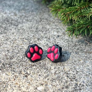 Pawprint Stud Earrings - Paws Pink and Black Cat Paw - Resin Simple and Cute Studs Animal Lovers
