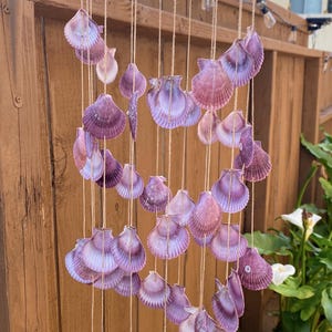 May include: A hanging seashell mobile with a circular top wrapped in natural twine. The mobile features numerous purple and white scallop shells suspended by twine, creating a decorative coastal accent. The shells are arranged in a cascading pattern.