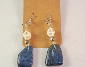 Dumortierite and skull earrings, matching bracelet with howlite, clear quartz and larvikite - get one or both; Inner strength and patience