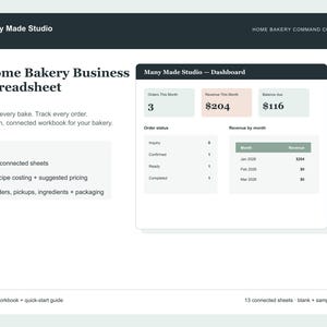 May include: A digital spreadsheet workbook for home bakery businesses titled Many Made Studio. It features a dashboard with order status, revenue tracking, and 13 connected sheets for recipe costing, pricing, orders, pickups, ingredients, and packaging.
